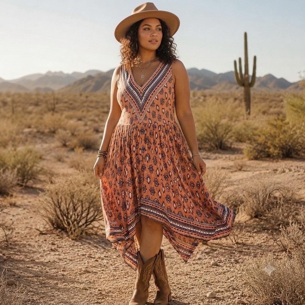 Cassee' Boho Handkerchief Sleeveless Maxi Dress 2X Flow Fairycore Desert Western